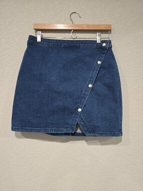 We The Free Dark Blue Denim Snap-Front Wrap Mini Skirt